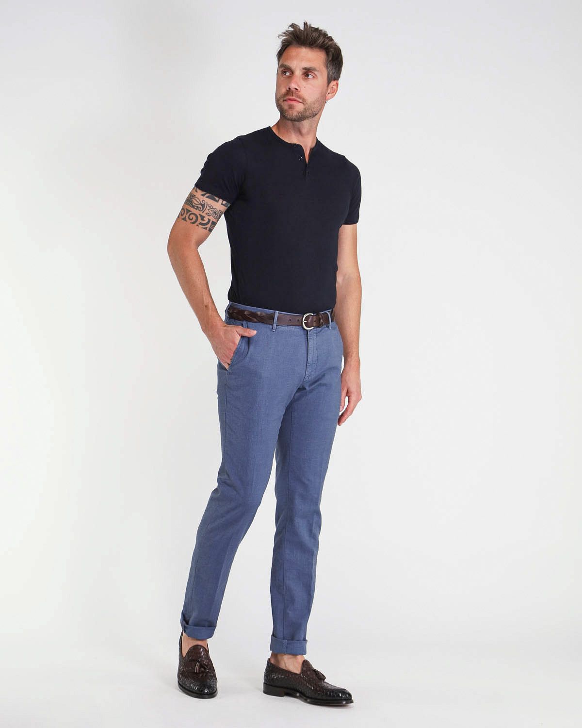 pantaloni senza pences fondo 18 cm cotone microfantasia armaturato blu avio