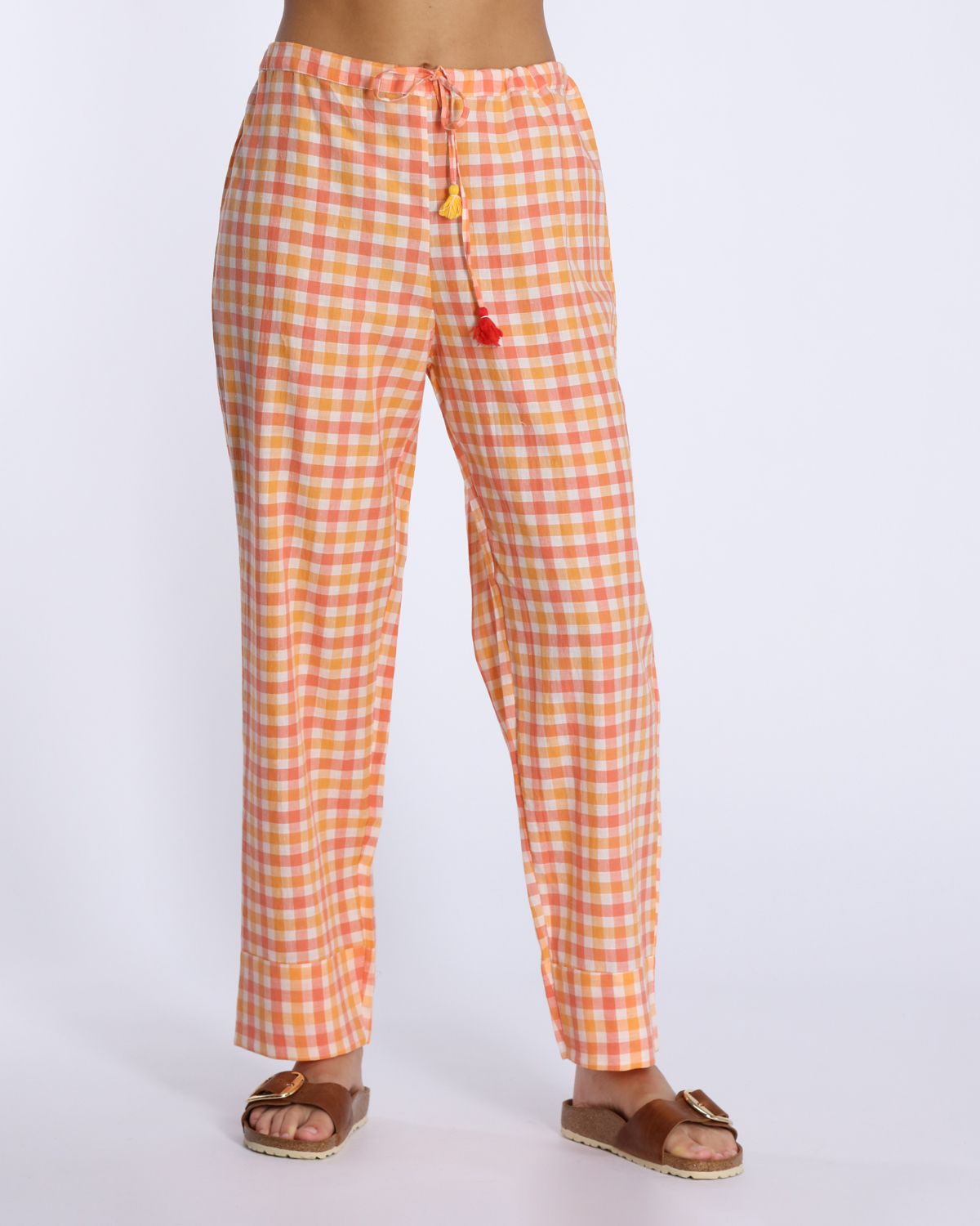 Pantalone in cotone quadretti arancio
