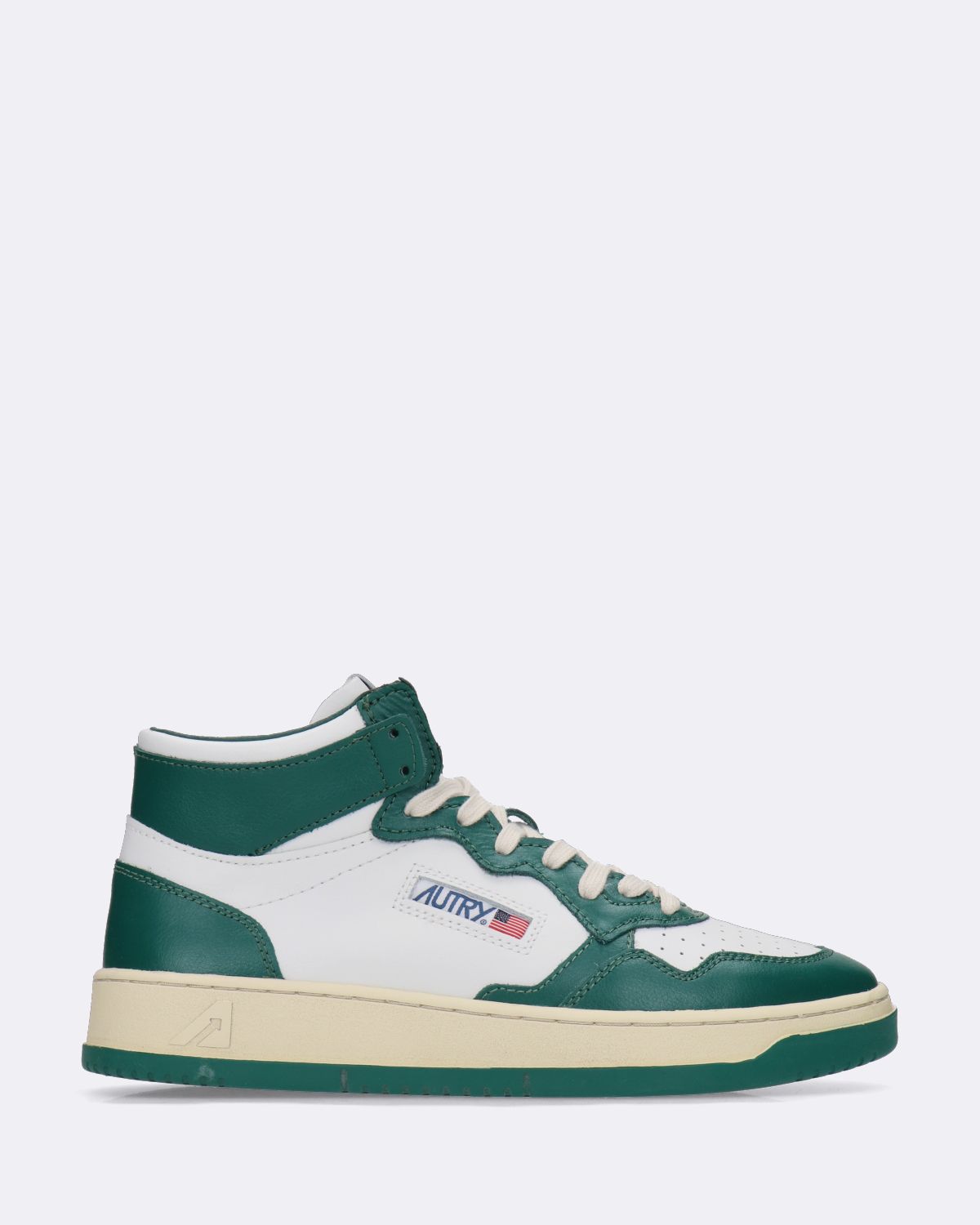 Sneakers alta con puntale traforato in vitello  bicolor bianco verde