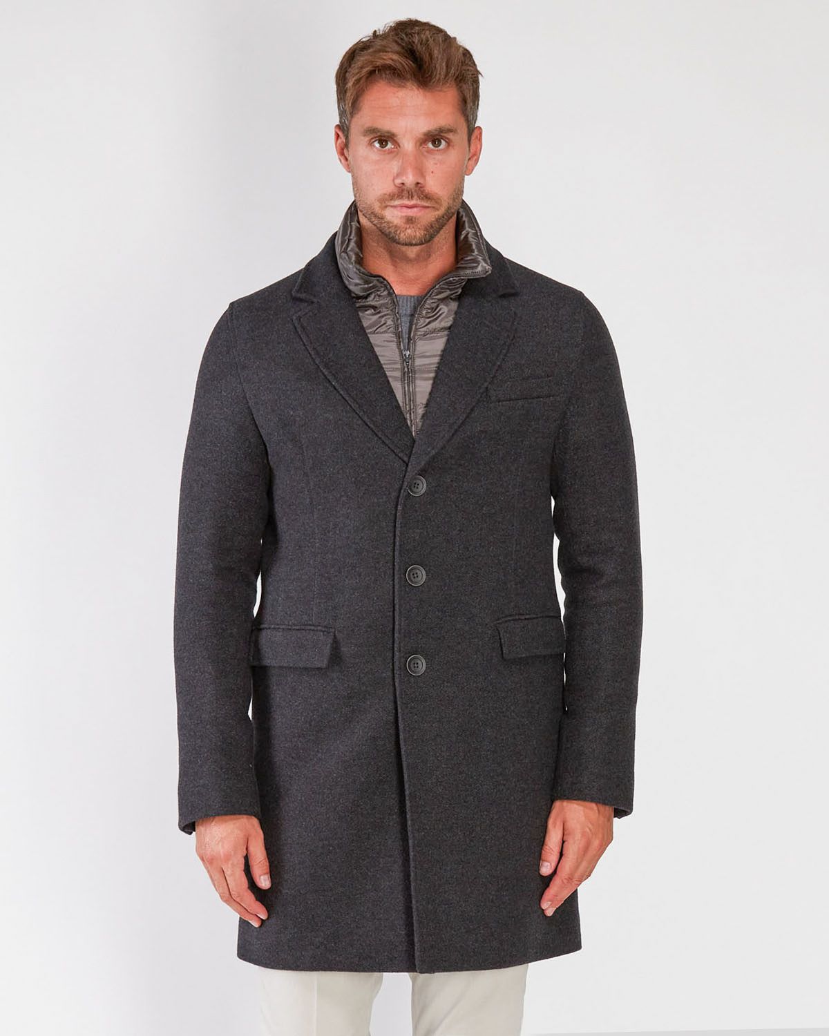 Cappotto in lana diagonale con pettorina staccabile