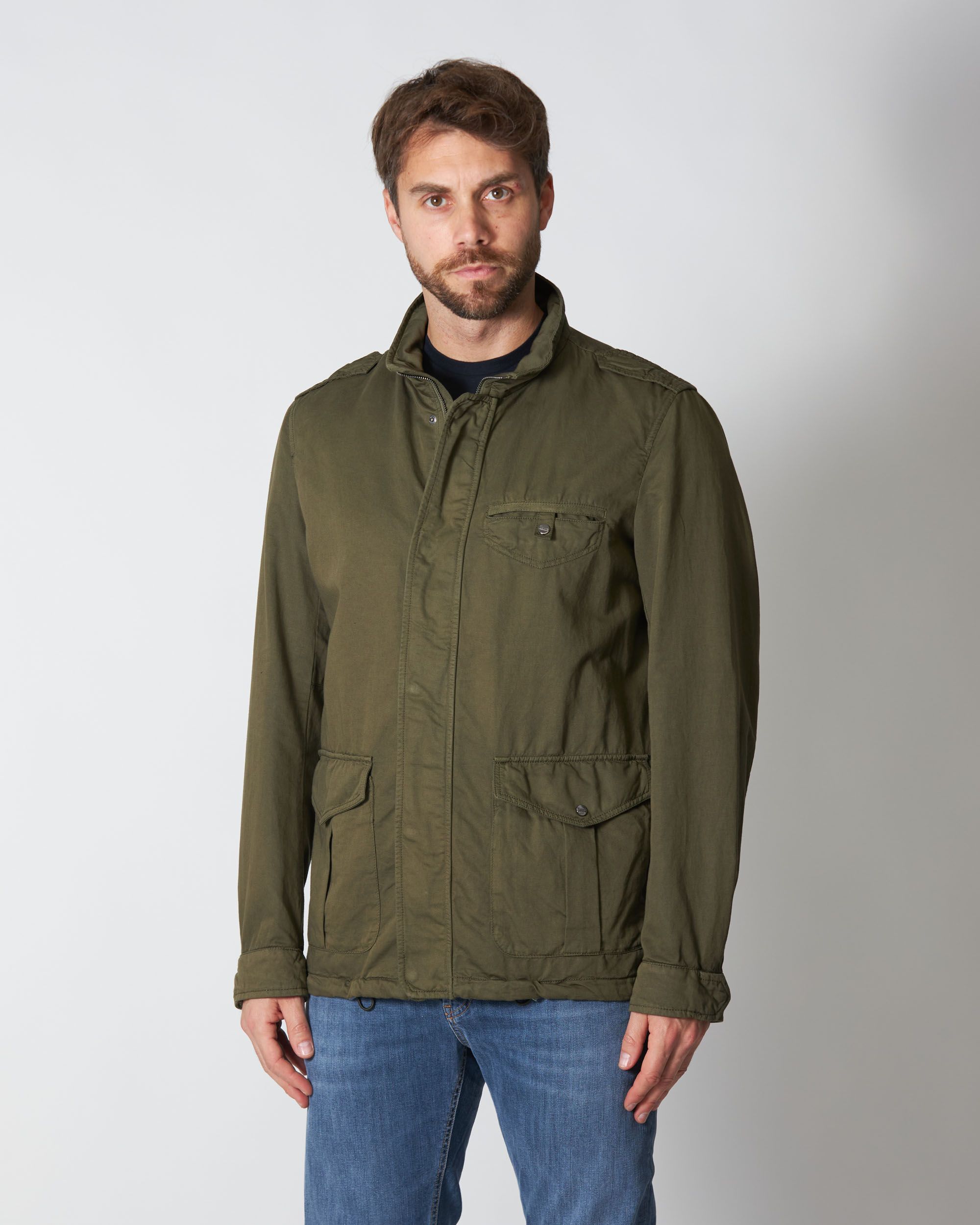 Field Jacket in cotone e lino sfoderata color militare