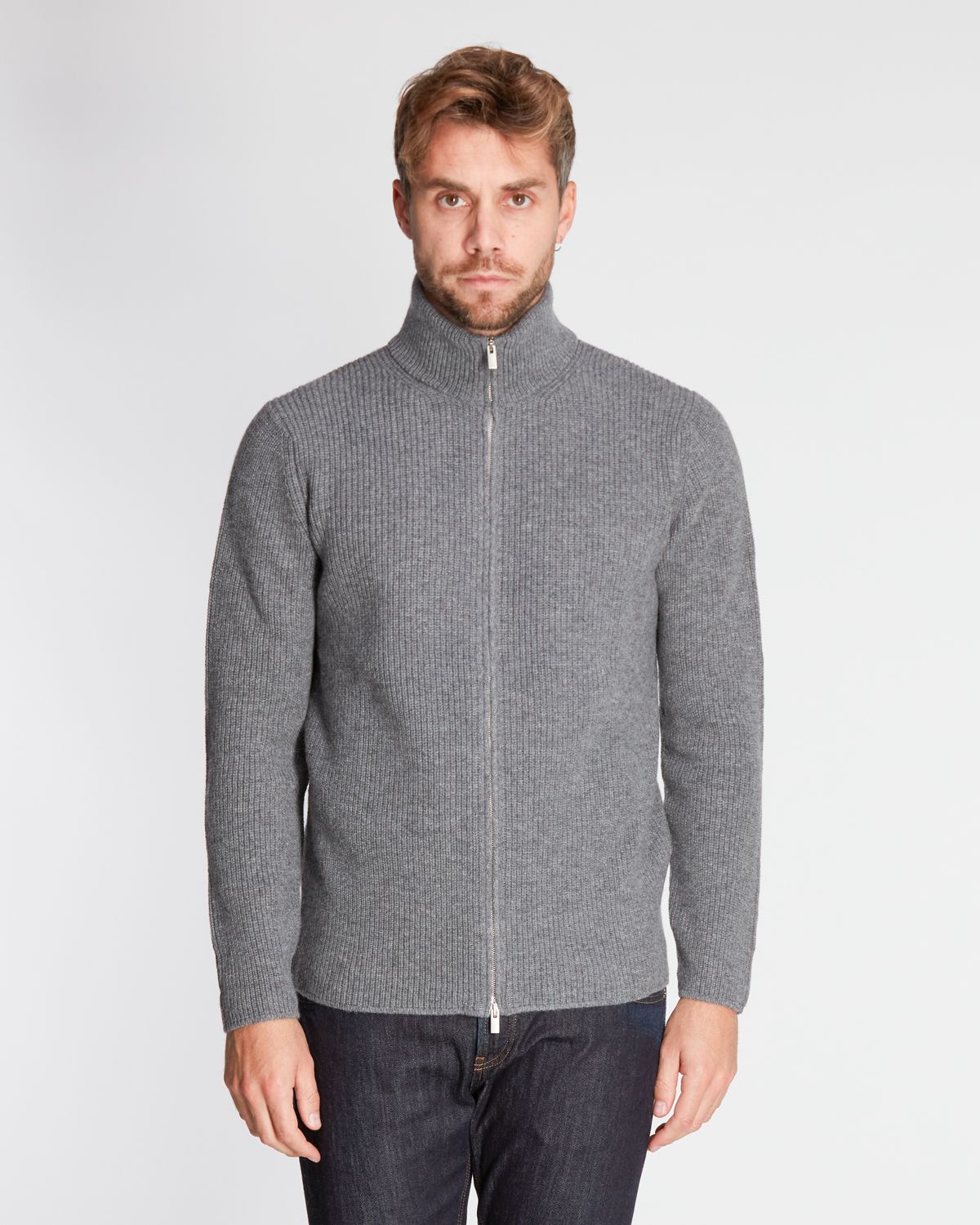 Cardigan full zip  90% lana 10%cashmere costa inglese grigio