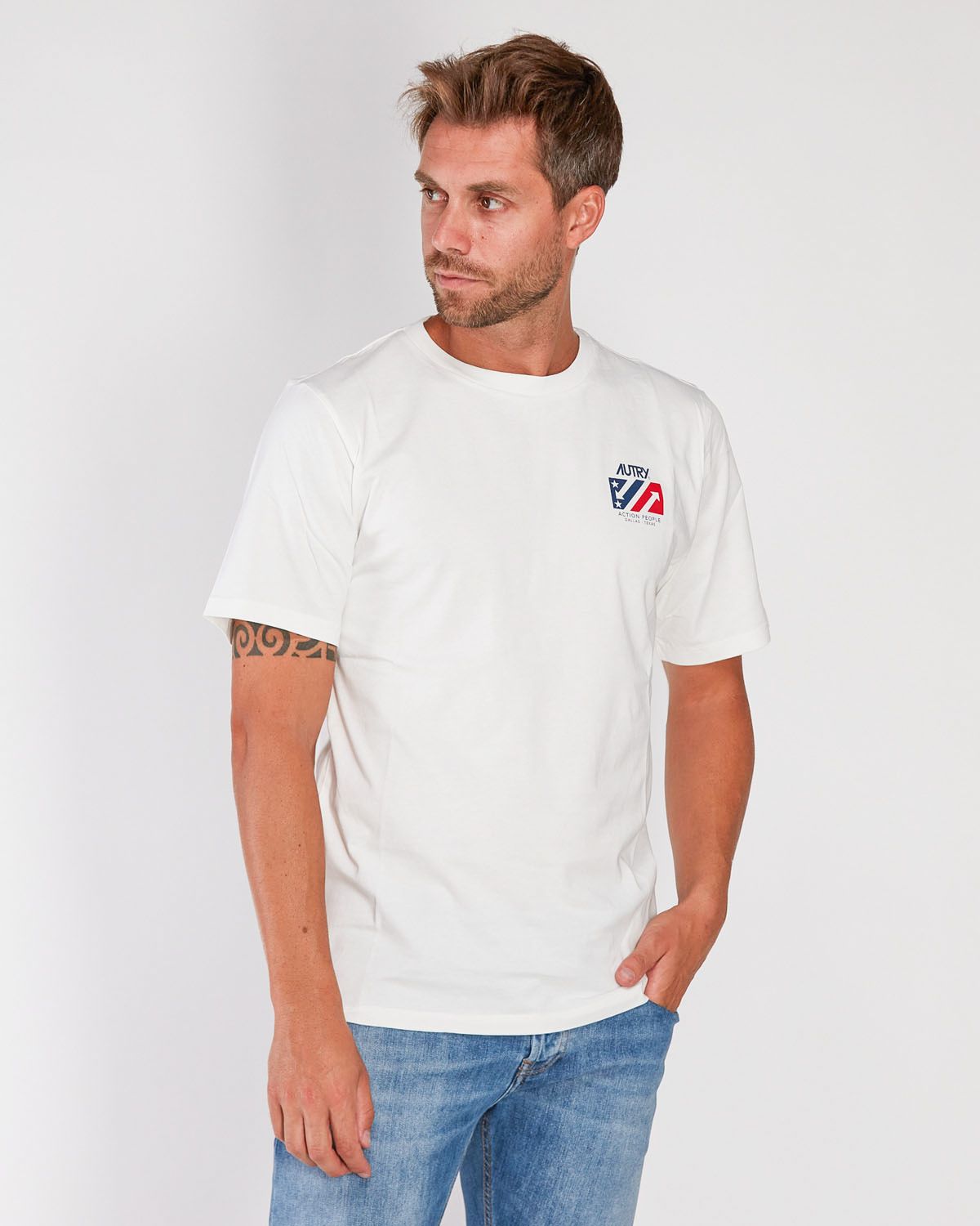 T shirt bianca in jersey di cotone iconica con stampa sul petto